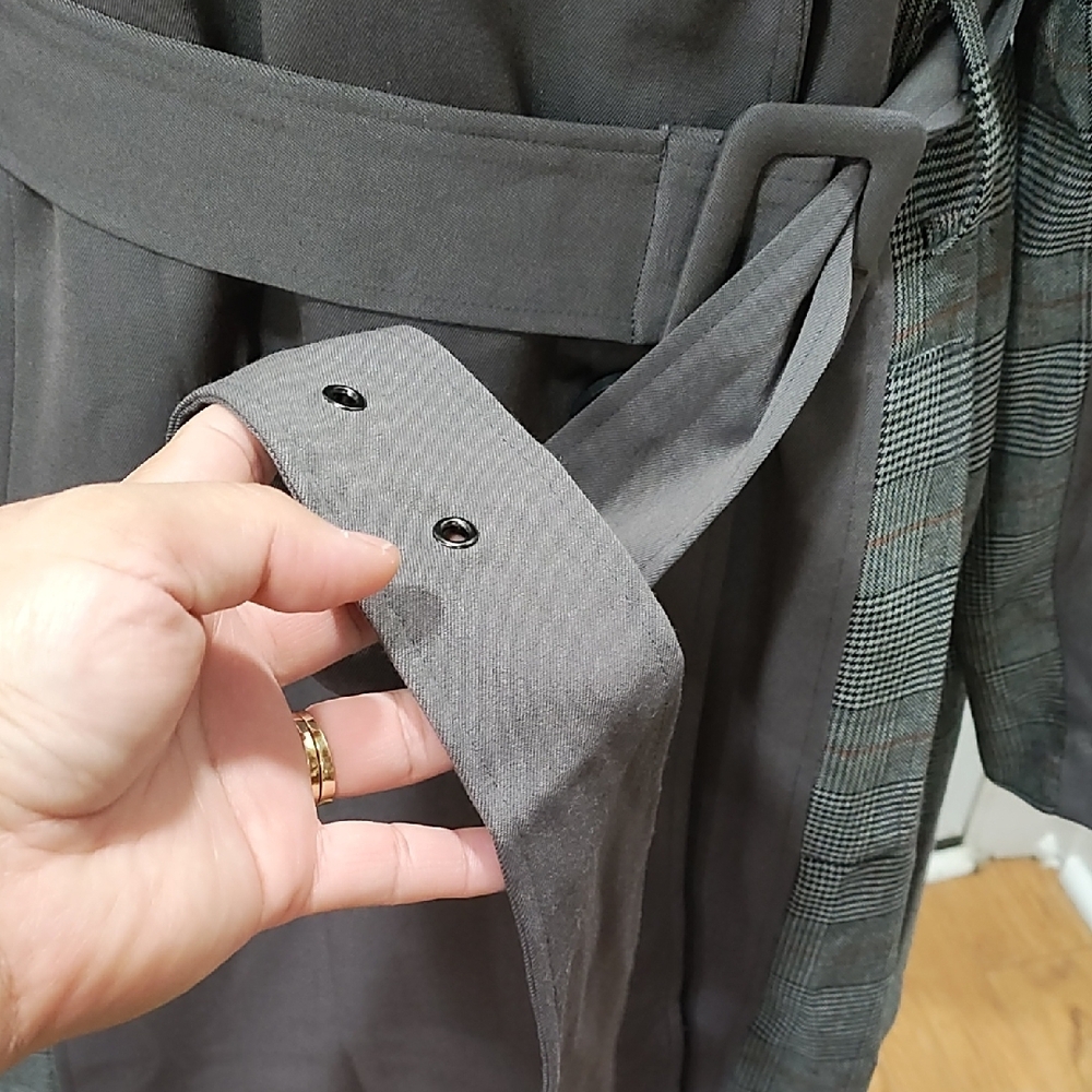 Womens Double-Breasted Trench Coat in Gray with Plaid Side Panels - Picture 6 of 13